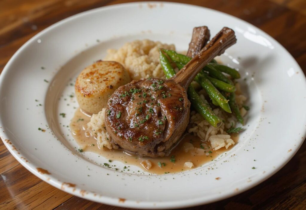 Tender cooked lamb shank with silverskin removed, garnished