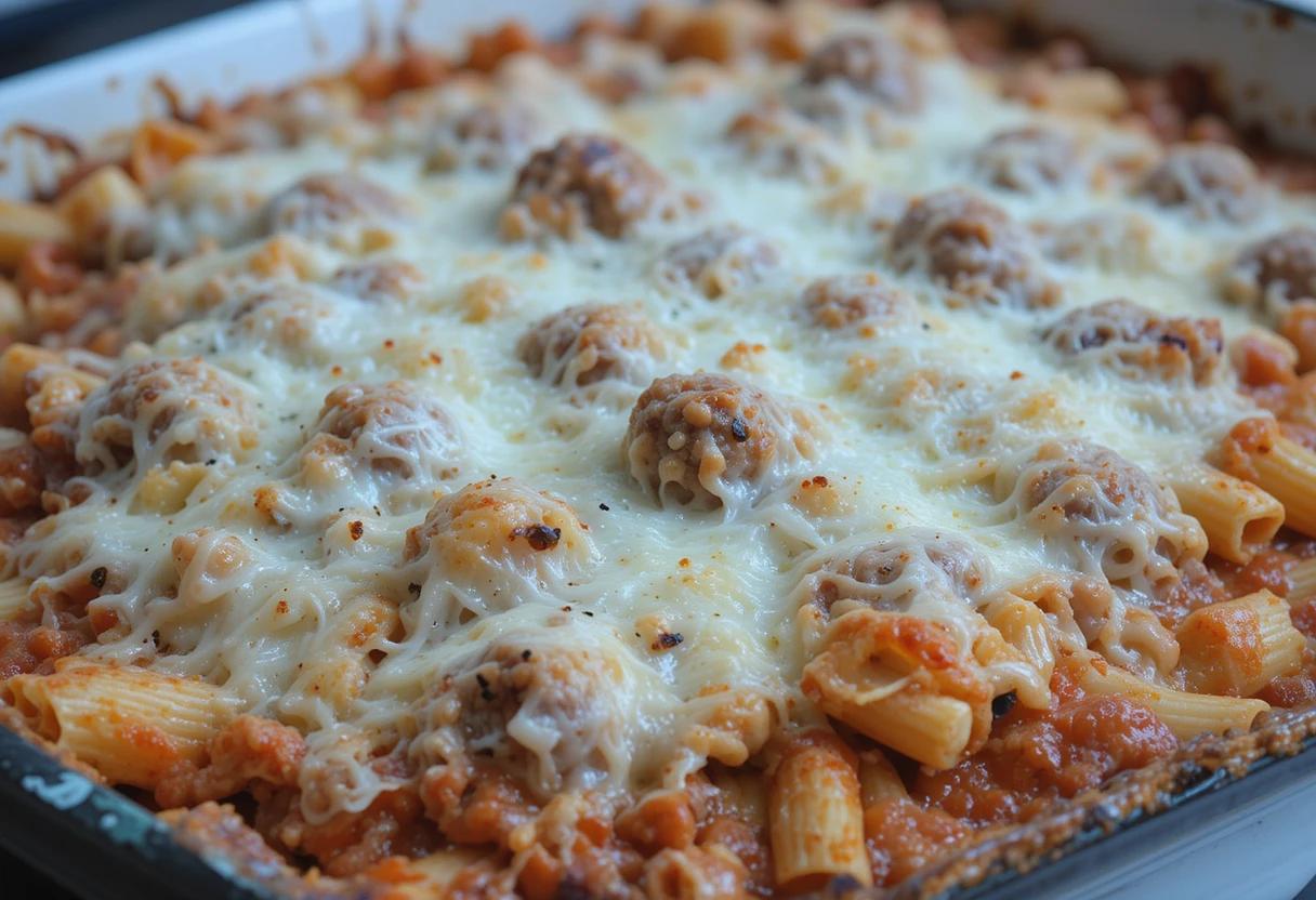 "Layered casserole of baked ziti with sausage and cheese"