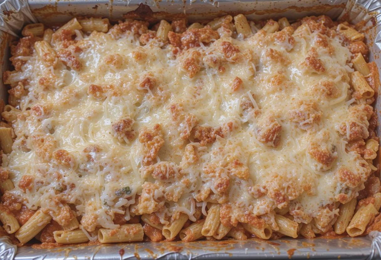 "Golden crispy baked ziti with a cheese crust"