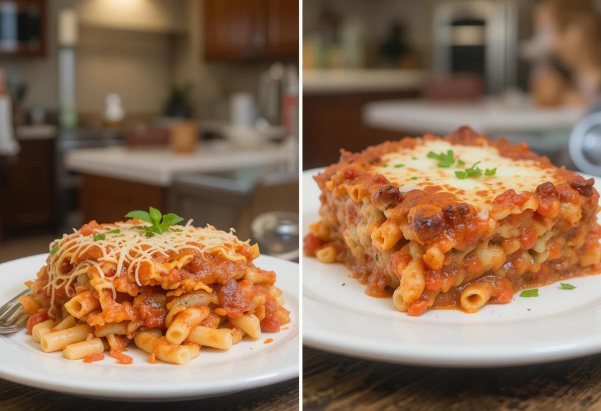 Side-by-side comparison of traditional baked ziti and Sicilian baked ziti