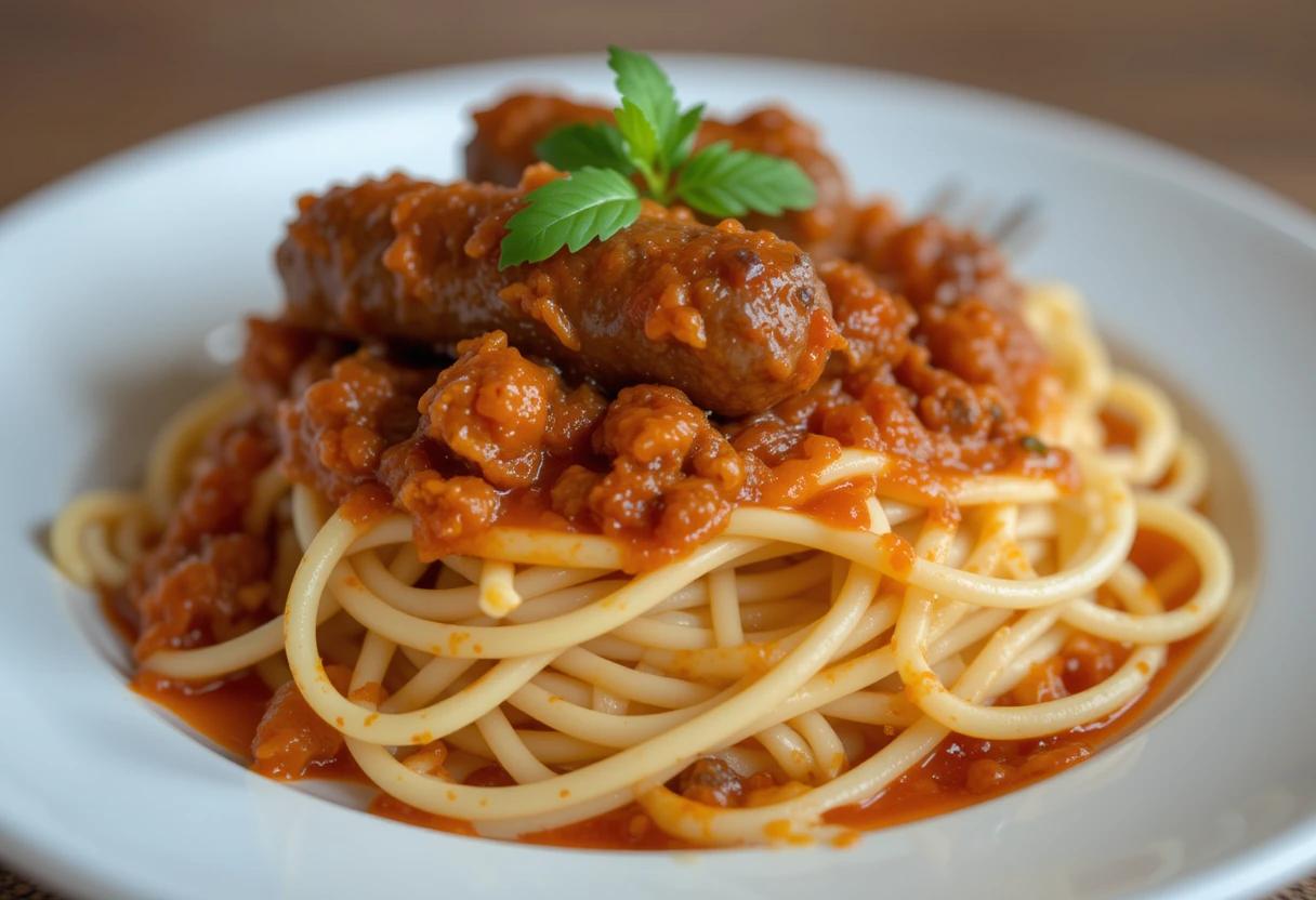 "A plate of pasta topped with sausage and sauce, showcasing the final dish."