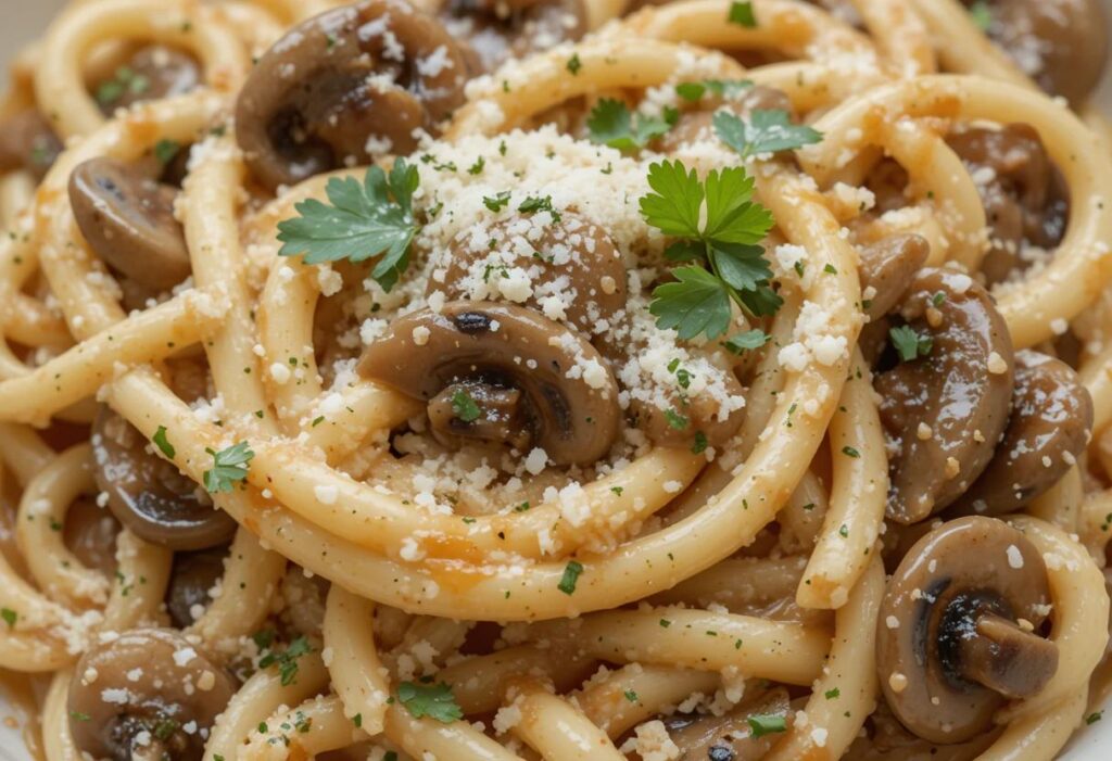 creamy mushroom pasta with a generous drizzle of sauce and sprinkled parmesan