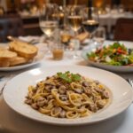 "Complete Olive Garden-inspired meal with creamy mushroom pasta, garlic bread, and salad"