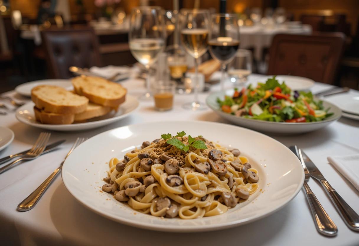 "Complete Olive Garden-inspired meal with creamy mushroom pasta, garlic bread, and salad"