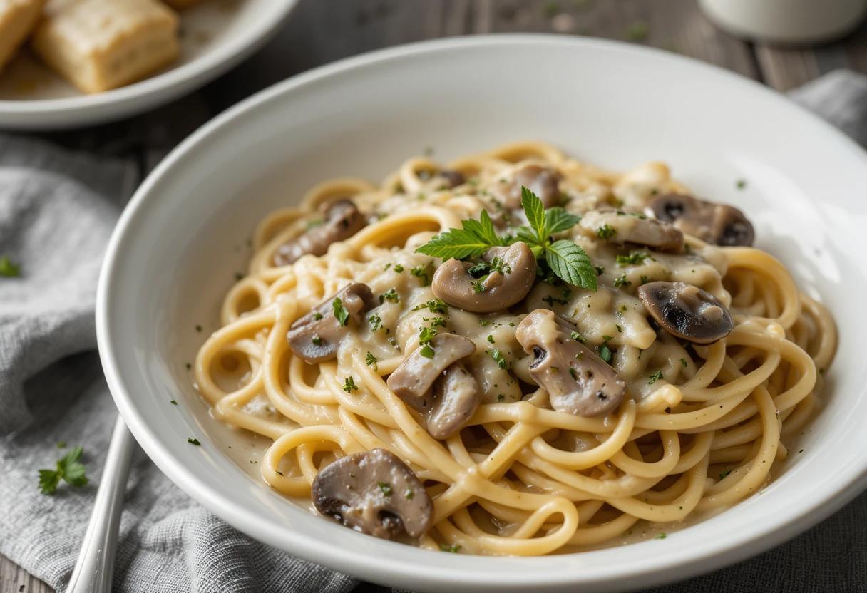 A bowl of creamy mushroom pasta with milk, garnished with herbs.