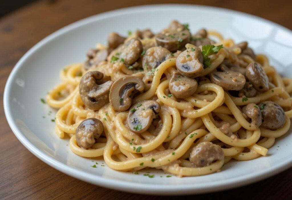 Creamy mushroom sauce over pasta