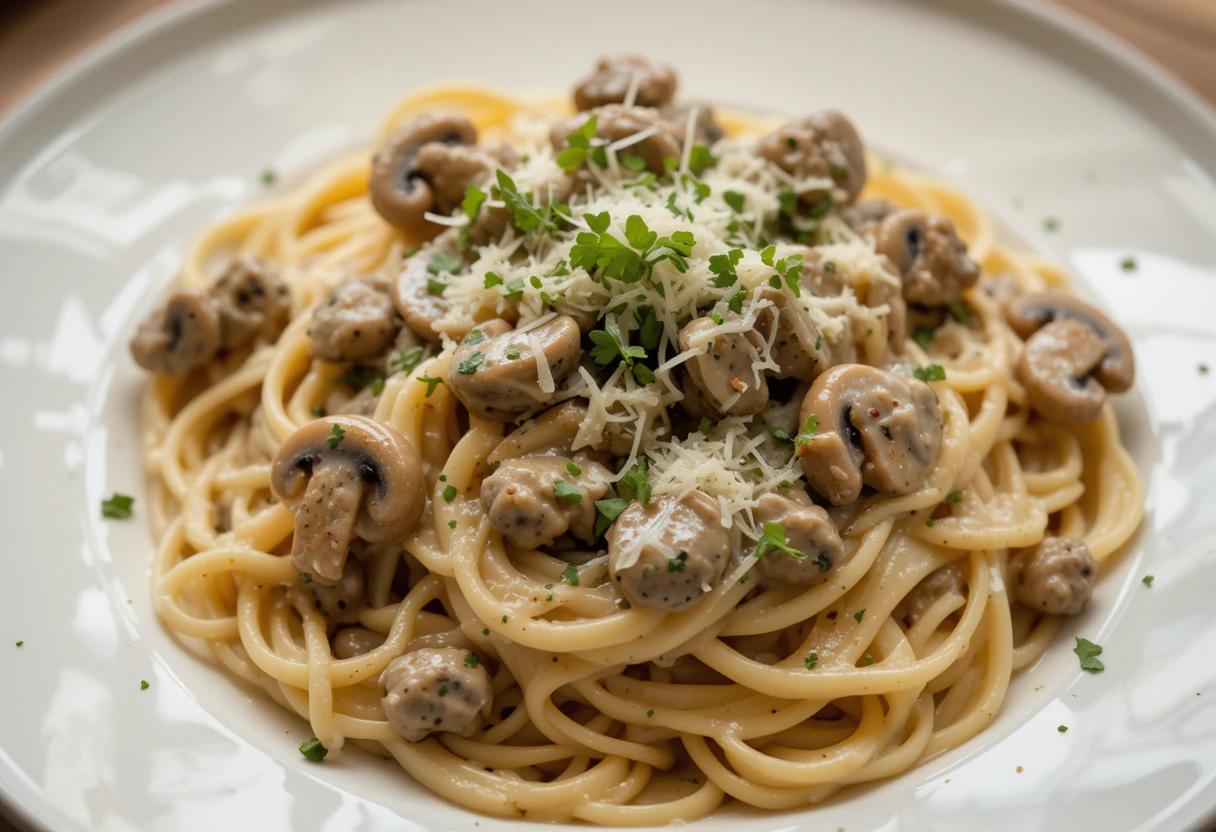 Pasta topped with creamy mushroom sauce and herbs