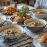 Family dinner with creamy mushroom soup chicken and bread.