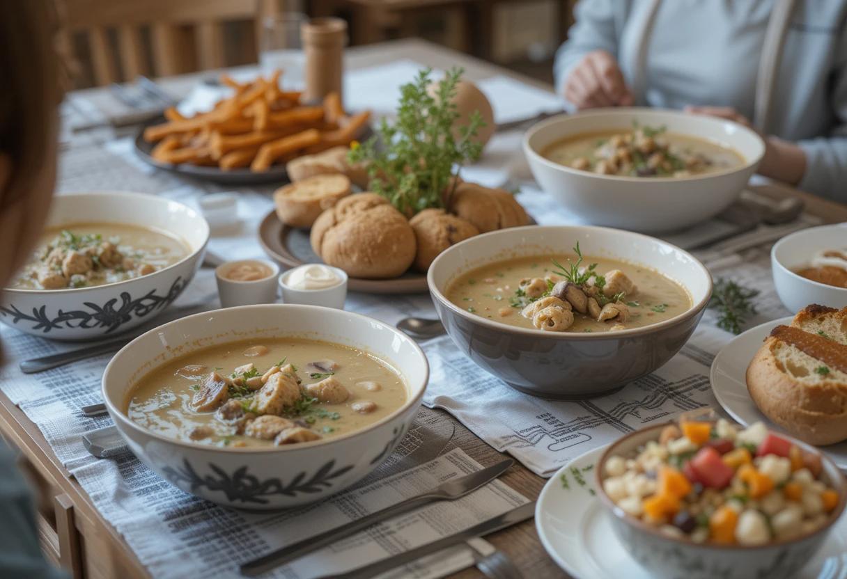 Family dinner with creamy mushroom soup chicken and bread.