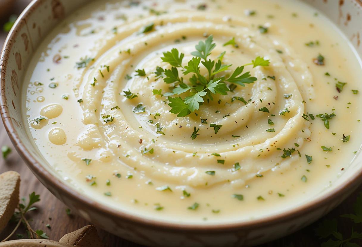 Bowls of creamy potato soup with herbs and bread.