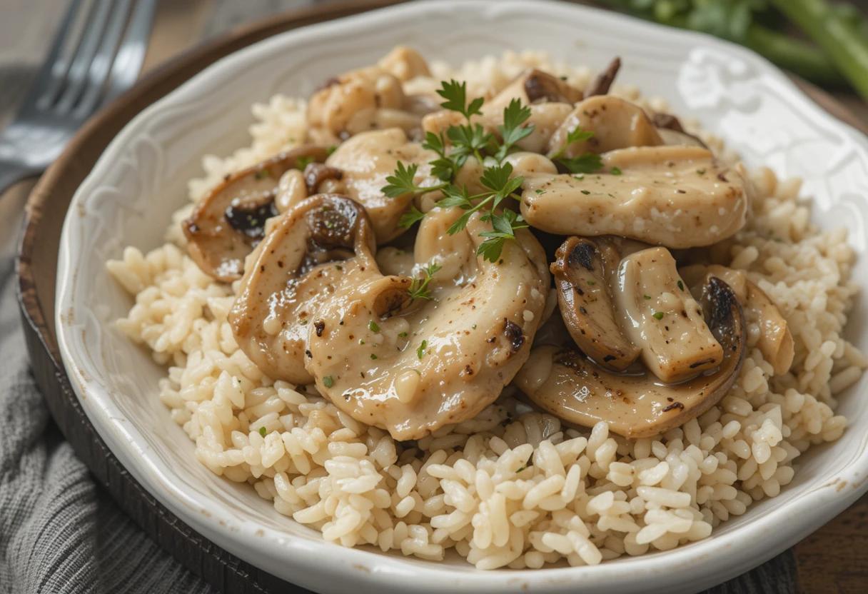 Serving a comforting plate of cream of mushroom chicken with rice, garnished with fresh herbs.