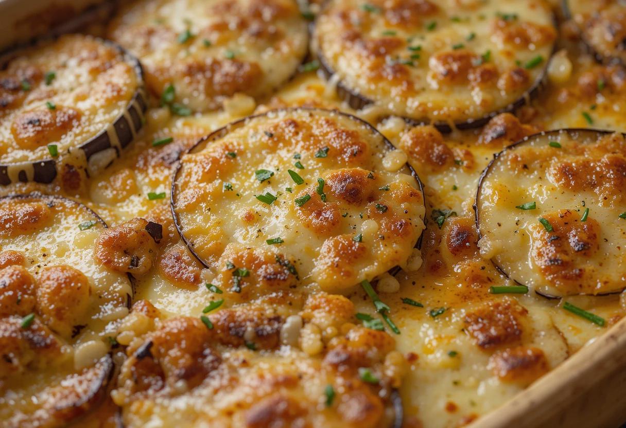 Golden eggplant casserole fresh from the oven, with crispy cheese on top