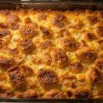 Baked cowboy casserole with melted cheese, tater tots, and vegetables