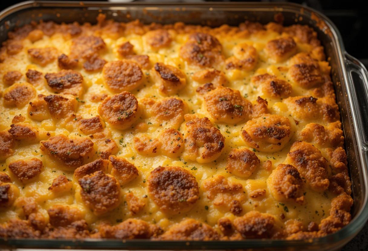 Baked cowboy casserole with melted cheese, tater tots, and vegetables