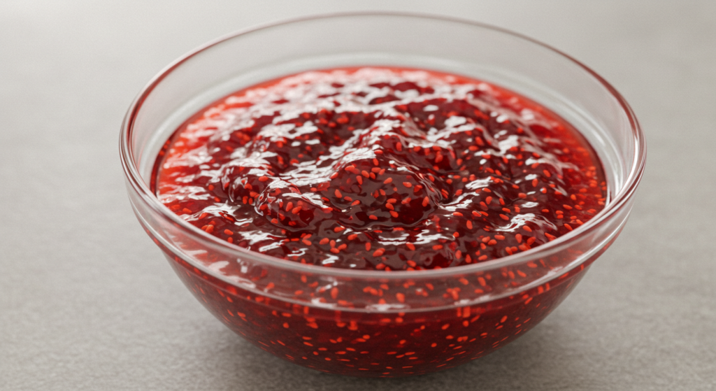 A vibrant bowl of homemade raspberry jam on a rustic table