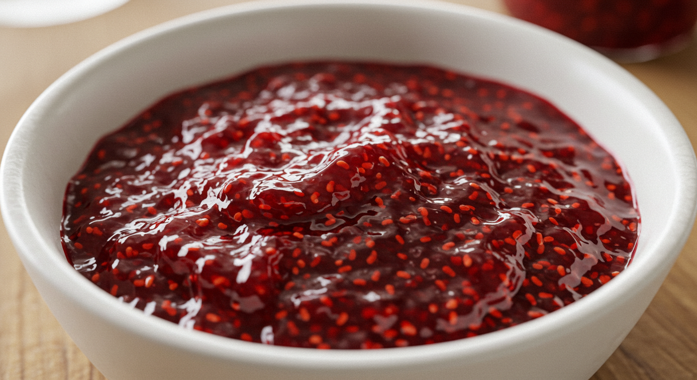 A vibrant bowl of homemade raspberry jam on a rustic table