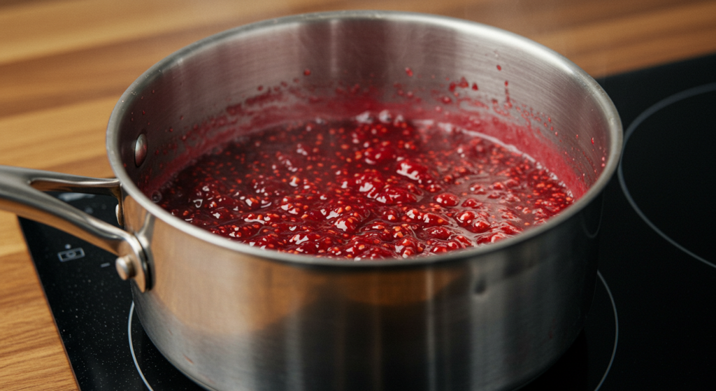 Cooking process of raspberry jam in a saucepan