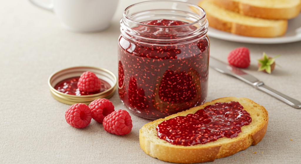 A beautifully set jar of raspberry jam with a spread on toast
