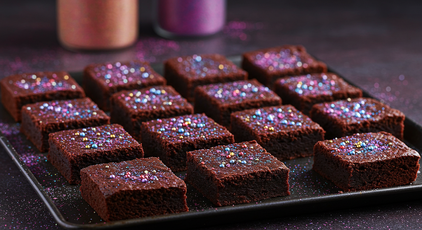 A dazzling tray of cosmic brownies with a sprinkle of edible glitter