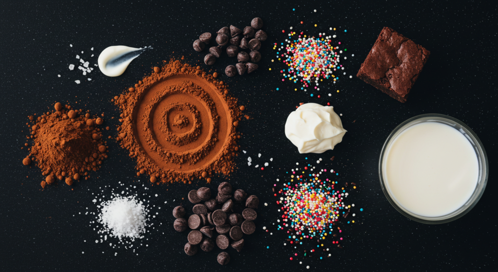 Essential ingredients for cosmic brownies arranged in a creative layout
