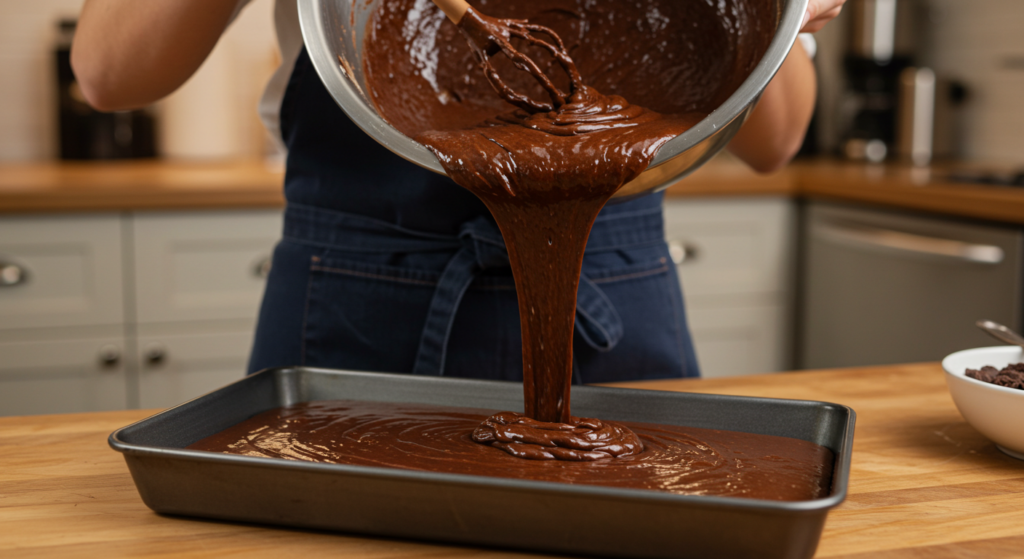 Mixing and pouring the cosmic brownie batter into a pan
